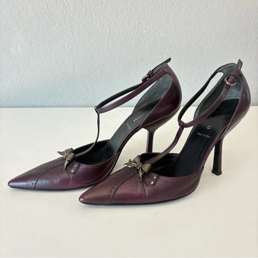 Miu Miu Dark Burgundy Leather Ankle Strap Pointed Toe Women’s Pump Heels US Sz 7 - Picture 2 of 13